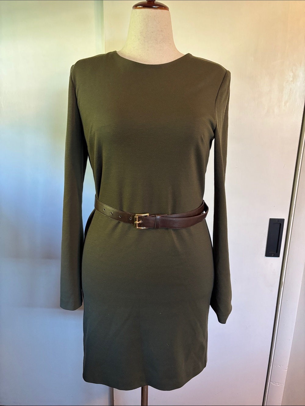 Michael Kors Olive Long-Sleeve Crewneck Dress with Brown Belt